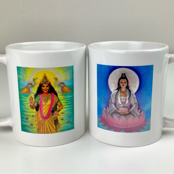 ORCA COATINGS Sue Halstenberg Art Ceramic Goddess Mugs Set of 2 Lakshmi Kuan Yin - Picture 4 of 15